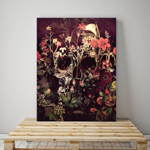 Impressão em tela de caveira florida, impressão em tela de caveira florida, arte em tela de caveira de açúcar, decoração para casa, arte de parede de caveira floral gótica para o Halloween