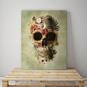 Garden Skull Canvas Print, Boho Floral Skull Wall Art, Sugar Skull Canvas Art Home Decor, Gothic Skull Art Print, Flower Skull Illustration