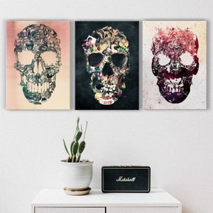 Set van 3 canvasafdrukken, 3-delige schedelset, canvas muurkunst cadeau, suikerschedel gotische kunstafdruk, vintage schedel woondecoratie cadeau, schedel kunst cadeau