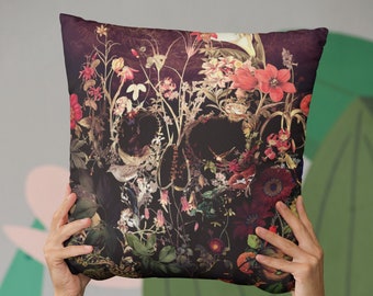 Skull Throw Pillow, Floral Sugar Skull Spun Polyester Square Pillow, Flower Skull Home Decor, Gothic pillow Gift