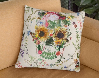 Flowery Skull Throw Pillow, Floral Skull Spun Polyester Square Pillow, Gothic Sugar Skull Home Decor, Boho Skull Pillow Decor Gift