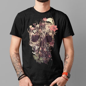 Bloom Skull Men&#39;s T-shirt, Sugar Skull Art Mens T Shirt, Skull Art Print Gift For Him, Bella Canvas Printed T Shirt, Gothic Skull Mens Shirt