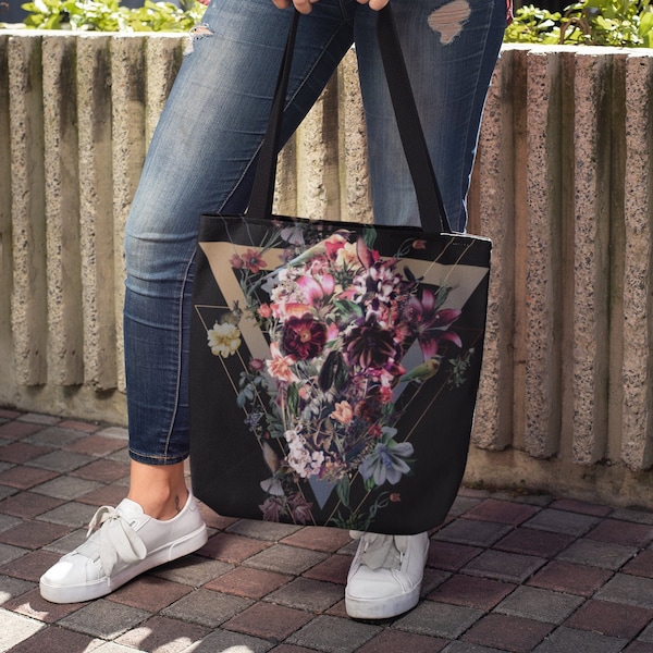 Boho Tote Bag, Skull All Over Floral Tote Bag, Flower Skull Art Gift For Her, Gothic Style Beach Bag, Sugar Skull Shoulder Bag Gift For Her