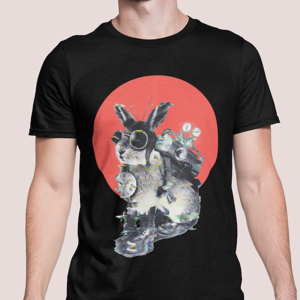 Zeitreisender Tier Illustration gedruckt Herren T-Shirt, Steampunk Art Print Shirt, Bunny Art Graphic Tee Geschenk für ihn, Bella Canvas Shirt
