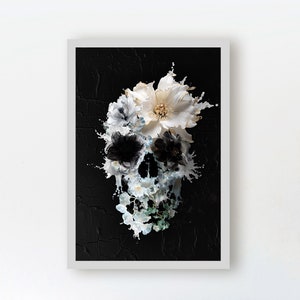 Gothic Blumenschädel Kunstwerk - Dunkler ästhetischer Wanddruck - Elegantes Schädeldekor - Zuckerschädel Geschenk