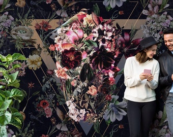 Dark Wallpaper Flower Skull Home Decor, Floral Skull Art Print Traditional Wallpaper, High Quality Colorful Sugar Skull Wallpaper Wall Decor