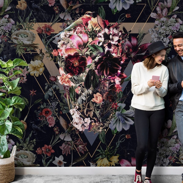 Dark Wallpaper Flower Skull Home Decor, Floral Skull Art Print Traditional Wallpaper, High Quality Colorful Sugar Skull Wallpaper Wall Decor
