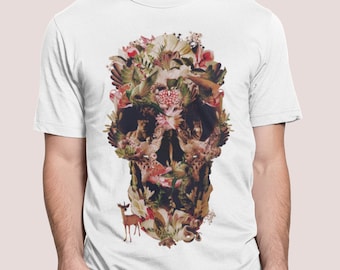 T-shirt graphique pour hommes tête de mort, fleurs de la jungle - Bella Impression sur toile