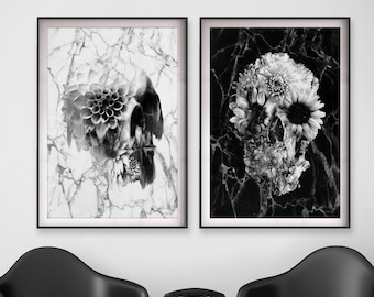 Set Of 2 Marble Skull Poster, Black And White Flower Skull Art Print Set, Sugar Skull Art Home Decor Gift, Marble Pattern Skull Wall Art