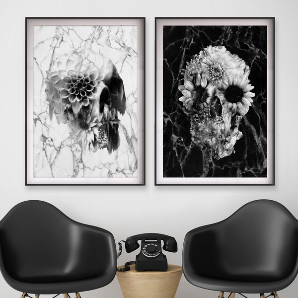 Ensemble de 2 impression de tête de mort en marbre, Sugar Skull Poster Set Home Decor, Flower Skull Wall Art Gift Téléchargement instantané Crâne noir et blanc imprimable