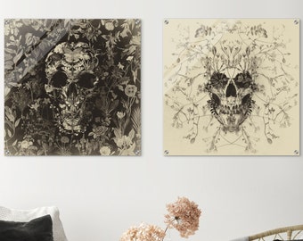 Skull Acrylic Print Set, Set Of 2 Acrylic Prints, Sugar Skull Home Decor, Gothic Skull Art Gift, Floral Skull Mounted Acrylic Wall Art Set