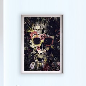 Skull Poster, Skull With Flowers Art Print, Floral Wall Art, Sugar Skull Home Decor Gift