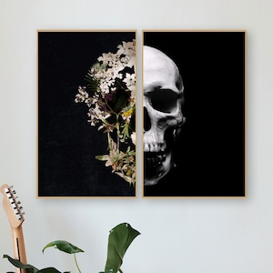 Set Of 2 Skull Print, Split Sugar Skull Art Print, Botanical Home Decor, Dark Flower Skull Wall Art Gift, Halloween Skull Artwork Poster Set
