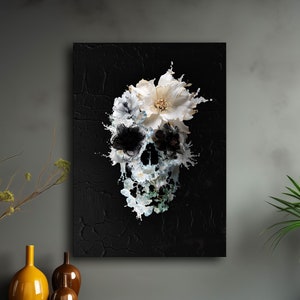 Impresión en lienzo de calavera Bloom, impresión artística en lienzo de calavera en blanco y negro, regalo de decoración para el hogar con arte gótico de calavera de azúcar, arte de ilusión de calavera boho