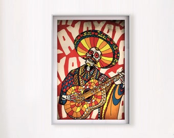 Op de afbeelding: Een kleurrijke illustratie van een skelet dat gitaar speelt, een sombrero draagt en een geprint shirt. De achtergrond is rood met het woord "YAY" dat in een gestileerd lettertype wordt herhaald.