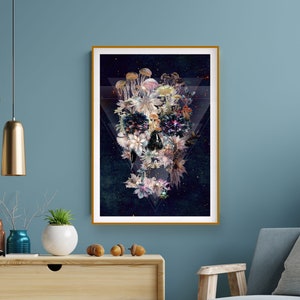 Pôster de caveira escura, impressão artística de caveira de açúcar, arte de parede com caveira floral, presente de caveira, decoração de casa com ilusão de caveira, ilustração de Ali Gulec