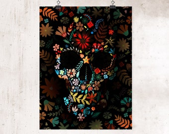 Cartel de calavera de flores, impresión de arte de calavera de azúcar, regalo de arte de pared de cartel de calavera florida, decoración del hogar de calavera de arte popular de la naturaleza, arte de calavera boho floral