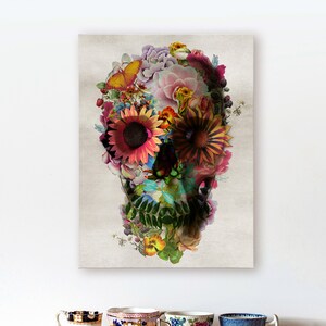 花柄スカルキャンバスプリント、ゴシックホームデコレーション