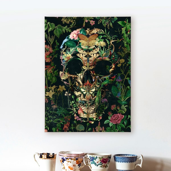 Boho Skull Art Print, Sugar Skull Instant Download Printable Home Decor, Floral Skull Digital Poster Wall Art Gift, Downloadable Gothic Art