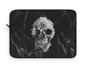 Dark Skull Laptop Sleeve, Floral Skull Laptop Case, Marble Flower Print Laptop Cover Gift, Sugar Skull Macbook Sleeve