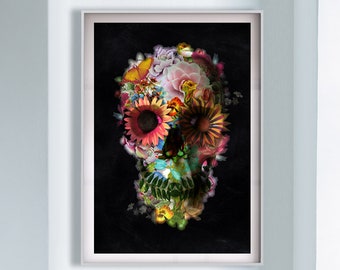 Skull flower abstract illustration print poster framed wall art decor