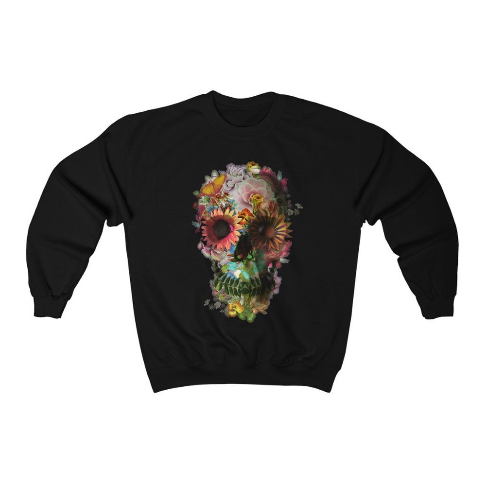 Floral Skull Sweatshirt, Boho Skull Unisex Crewneck Sweatshirt, Gothic Sugar Skull Womens Heavy Blend Sweatshirt, Gildan Sweatshirt Gift Donuink Store
