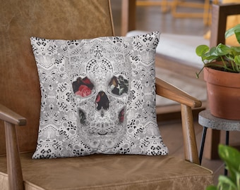 Lace Skull Throw Pillow, Sugar Skull Spun Polyester Square Pillow, Gothic Flower Skull Home Decor, Lace Pillow Gift