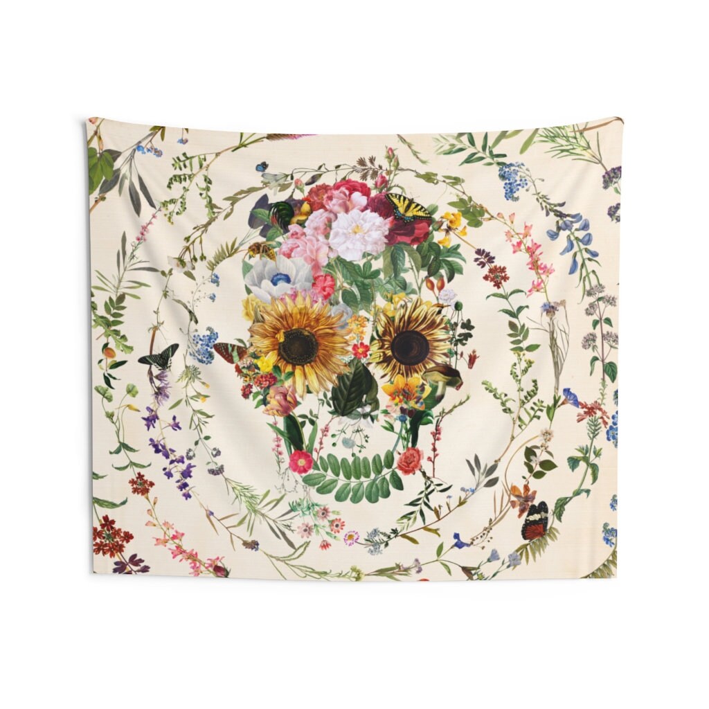 Skull Wall Tapestry Floral Skull Wall Art Gift Boho Circle Etsy