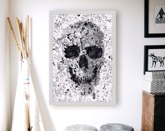 Doodle Skull Poster: Black & White Gothic Art Print