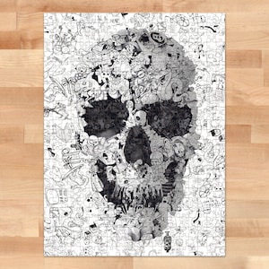 Doodle Skull Jigsaw Puzzle, 500 Piece Sugar Skull Jigsaw Puzzle Gift, Gothic Skull Gift For Puzzle Lovers, Line Art 1000 Piece Puzzle Gift