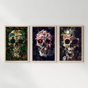 Set di arte floreale, set di teschi boho da 3 / opzioni di set regalo in tela, carta e cornice