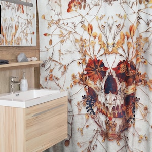 Delicate Skull Shower Curtain, Floral Skull Shower Curtain Decor, Boho Flower Skull Shower Curtain Home Decor, Sugar Skull Bathroom Decor