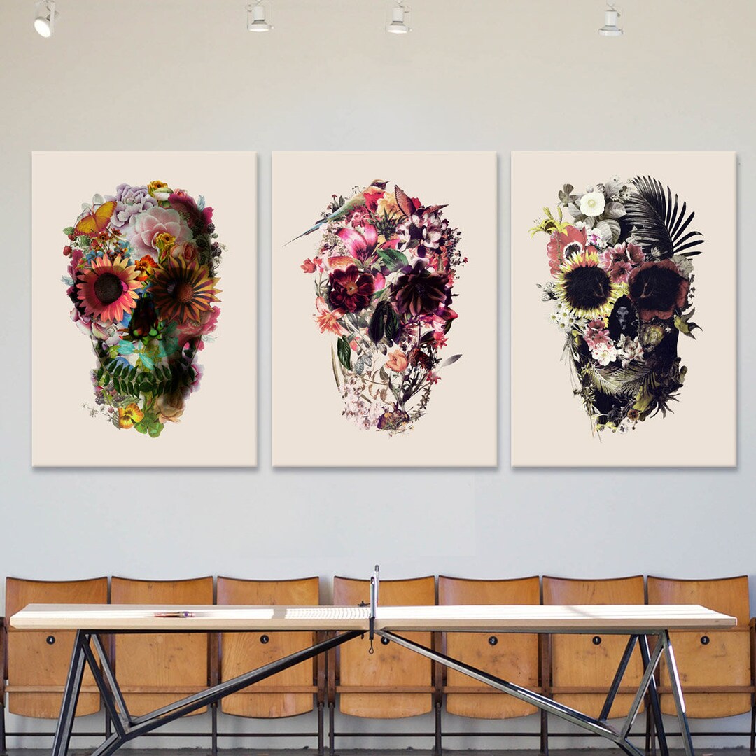 3piece Flower Skull Canvas Print Set, Light Skull Art Canvas Print Set