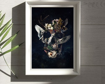 Gothic Skull Art Print, Sugar Skull Instant Download Printable Home Decor, Floral Skull Digital Poster Wall Art Gift, Downloadable Boho Art