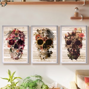 Set Of 3 Skull Art Prints, Wood Texture Background Skull Set Home Decor, Floral Rustic Skull Poster Set, Sugar Skull Print Set Wall Art Gift