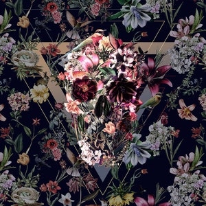 May include: Dark navy floral pattern with a skull shape formed by flowers. The design includes lilies, roses, and other blooms, with birds and geometric shapes. A gothic, vintage, and botanical theme.