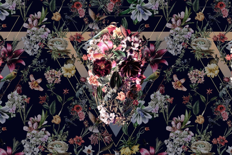 May include: Dark navy floral pattern with a skull shape formed by flowers. The design includes lilies, roses, and other blooms, with birds and geometric shapes. A gothic, vintage, and botanical theme.