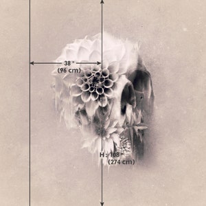 May include: Black and white wall art featuring a skull design with a floral overlay. The artwork is 38 inches (96 cm) wide and 108 inches (274 cm) high. The image has a sepia tone, giving it a vintage aesthetic.