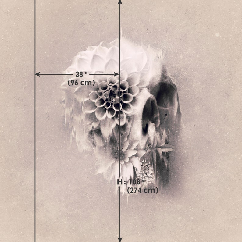 May include: Black and white wall art featuring a skull design with a floral overlay. The artwork is 38 inches (96 cm) wide and 108 inches (274 cm) high. The image has a sepia tone, giving it a vintage aesthetic.
