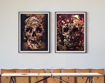 Set Of 2 Skull Print, Flower Skull Art Poster Set Home Decor, Sugar Skull Wall Art Gift Instant Download Printable Boho Skull Art