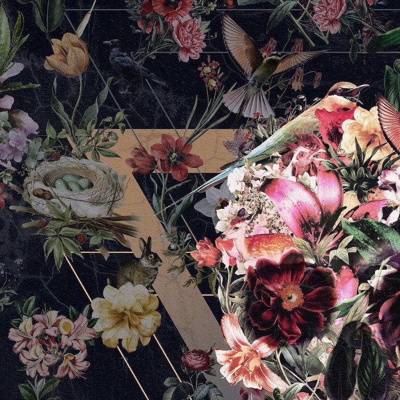 May include: A dark background with a floral and fauna design. The image features a variety of flowers in shades of red, pink, and yellow, along with birds, a rabbit, and a deer. A nest with eggs is also visible.