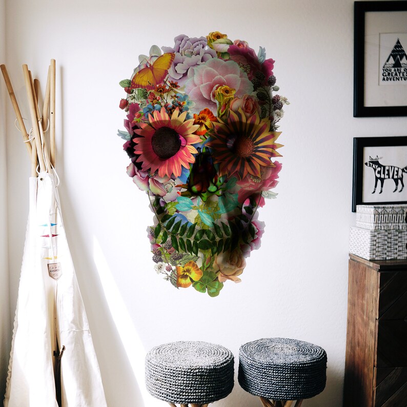 Skull Wall Decal Floral Skull Wall Sticker Sugar Skull Art Etsy