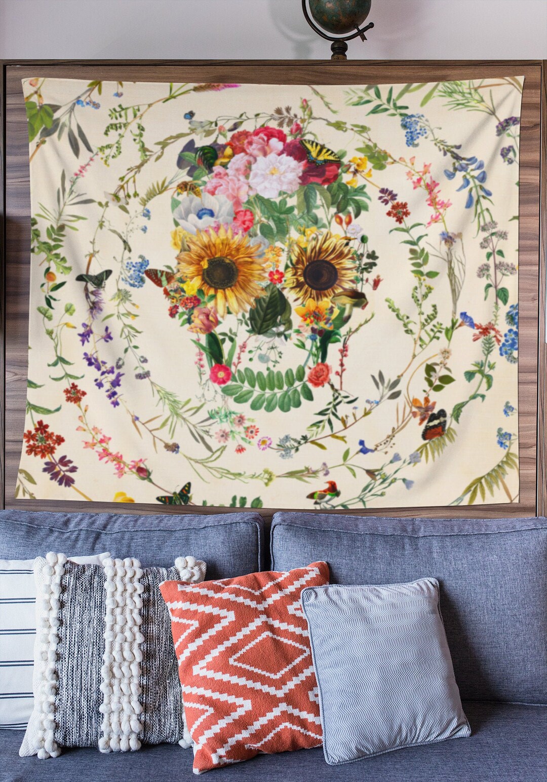 Skull Wall Tapestry, Floral Skull Wall Art Gift, Boho Circle Sugar