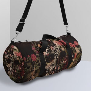 Bloom Skull Duffel Bag, Floral Skull Art Duffel Bag, Gothic Bag Gift, Durable Gym Bag Gift, Flower Skull Duffel Bag Gift