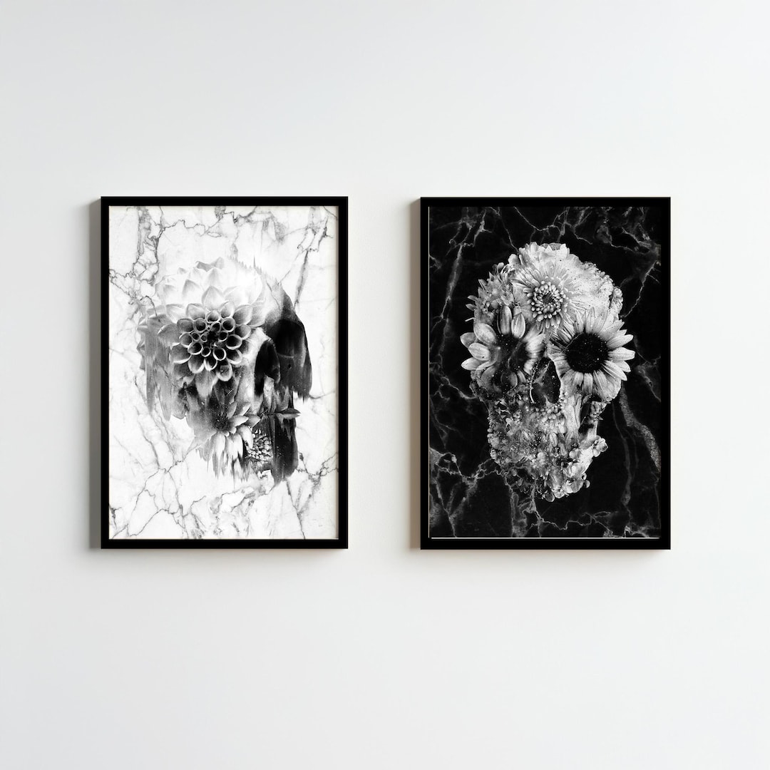 Floral Skull Art Prints Set - Black & White Canvas, Framed, and Poster ...