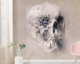 Flower Skull Wallpaper Home Decor, Light Floral Skull Art Print Traditional Wallpaper, Gothic Wall Mural Sugar Skull Monochrome Wall Art