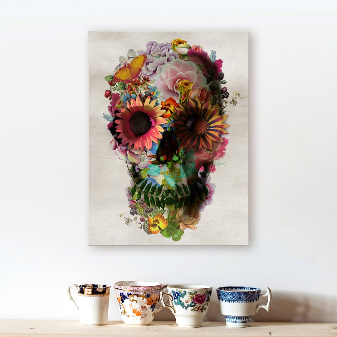 Flower Skull Canvas Print, Floral Skull Wall Art, Sugar Skull Canvas