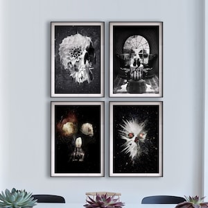 Set van 4 donkere schedelafdrukken, schedel kunstset woondecoratie, suiker schedel kunstafdrukken, kunst aan de muur cadeaus, bloemen schedel poster, zwarte schedel afbeeldingenset