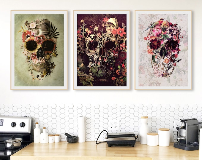 Floral Skull Art Print Black and White Skull Poster Flower - Etsy