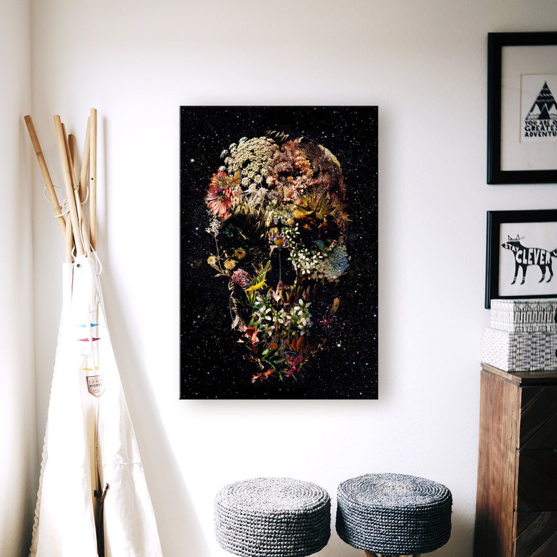 Flower Skull Canvas Print Floral Skull Canvas Art Print Home Etsy